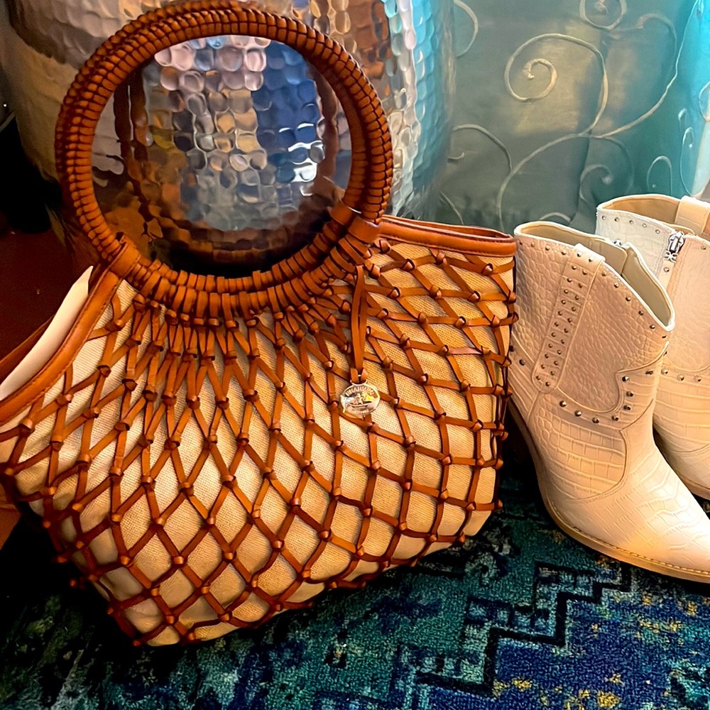 Today sale only Brahmin-jade Douglas Woven Genuine Italian Leather Tote.